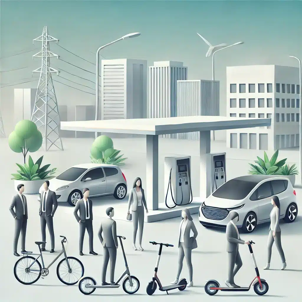 Personnes devant une station de recharge électrique avec voitures, trottinettes et vélos électriques