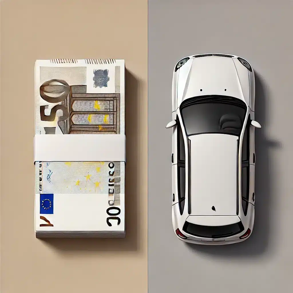 Pile de billets de 50 € à gauche et voiture blanche vue de dessus à droite – comparaison coût auto