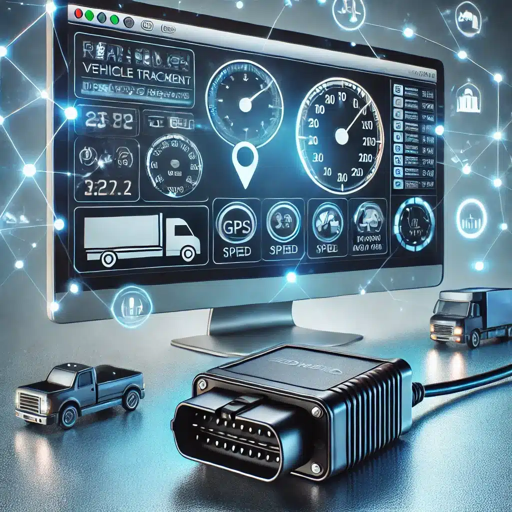 Écran affichant tableau de bord numérique GPS et vitesse avec boîtier OBD et maquettes de camions