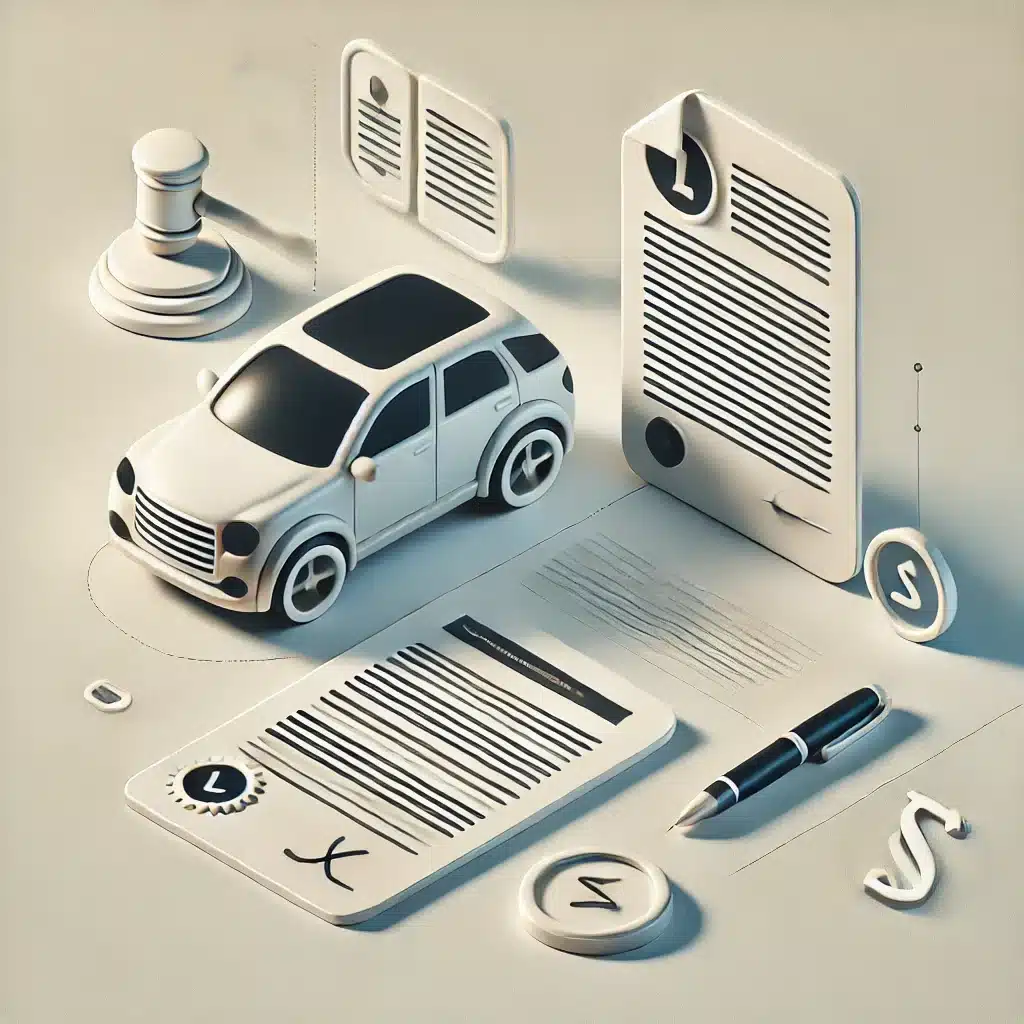 Voiture blanche 3D entourée de documents légaux, gavel et stylo