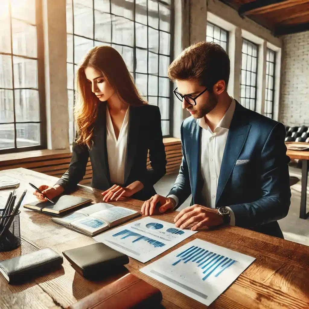 Deux professionnels examinent graphiques et notes sur table en bois devant fenêtres