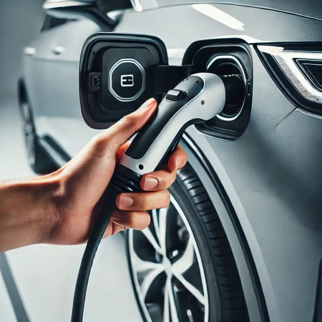 Prise de recharge électrique branchée sur une voiture grise – Mondaycar