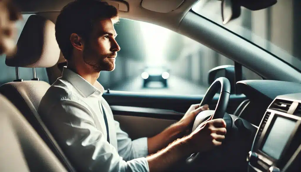 Homme au volant d’une voiture, concentré sur la route – expérience conduite Mondaycar