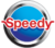Logo Speedy rond bleu avec lettrage rouge et contour métallique