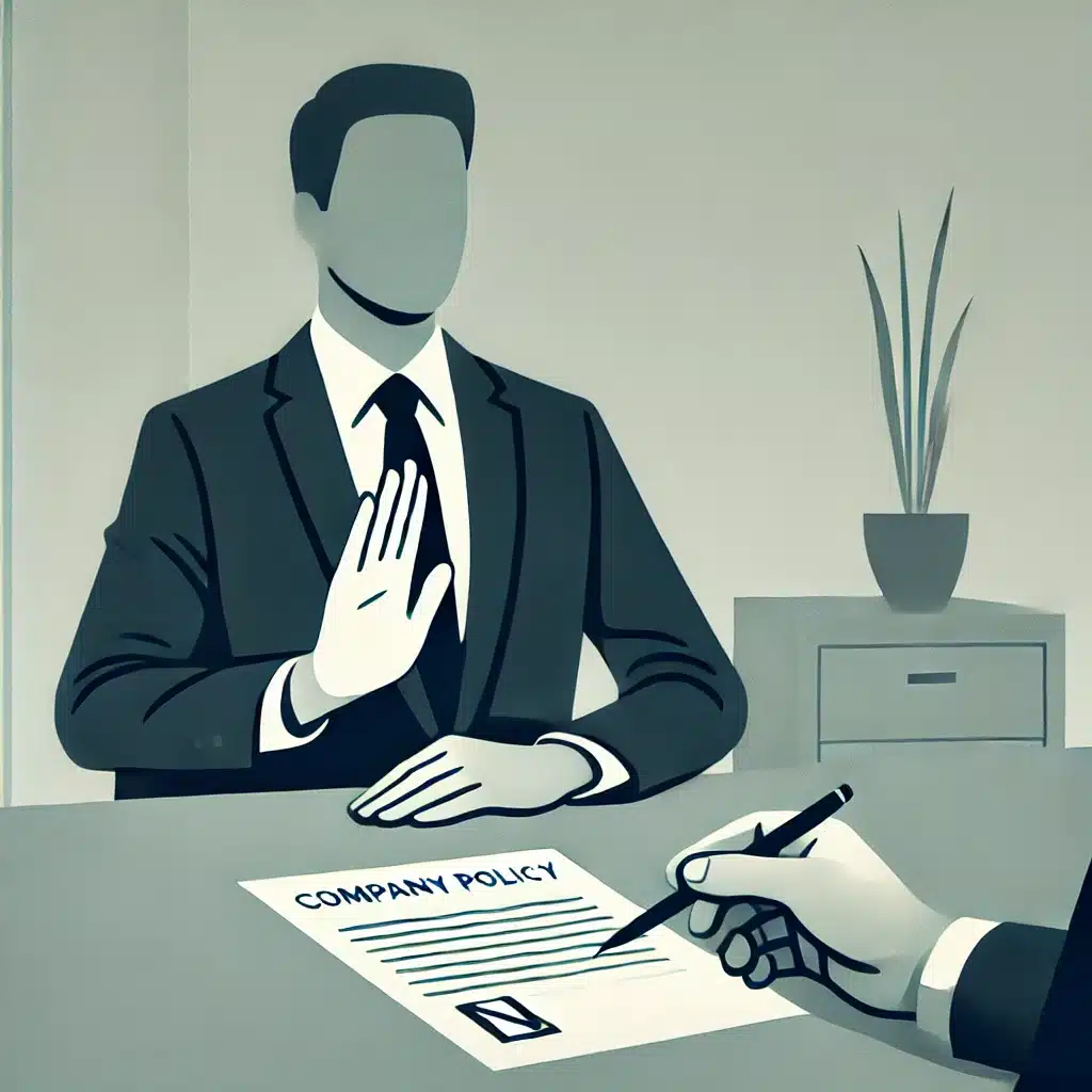 Homme en costume lève la main pour refuser de signer un document « Company Policy »