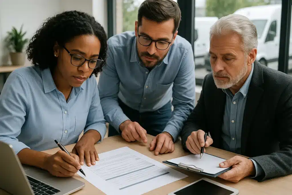 Trois professionnels dans un bureau moderne analysant ensemble des documents, illustrant le processus de rédaction d’un cahier des charges pour une flotte d’entreprise.