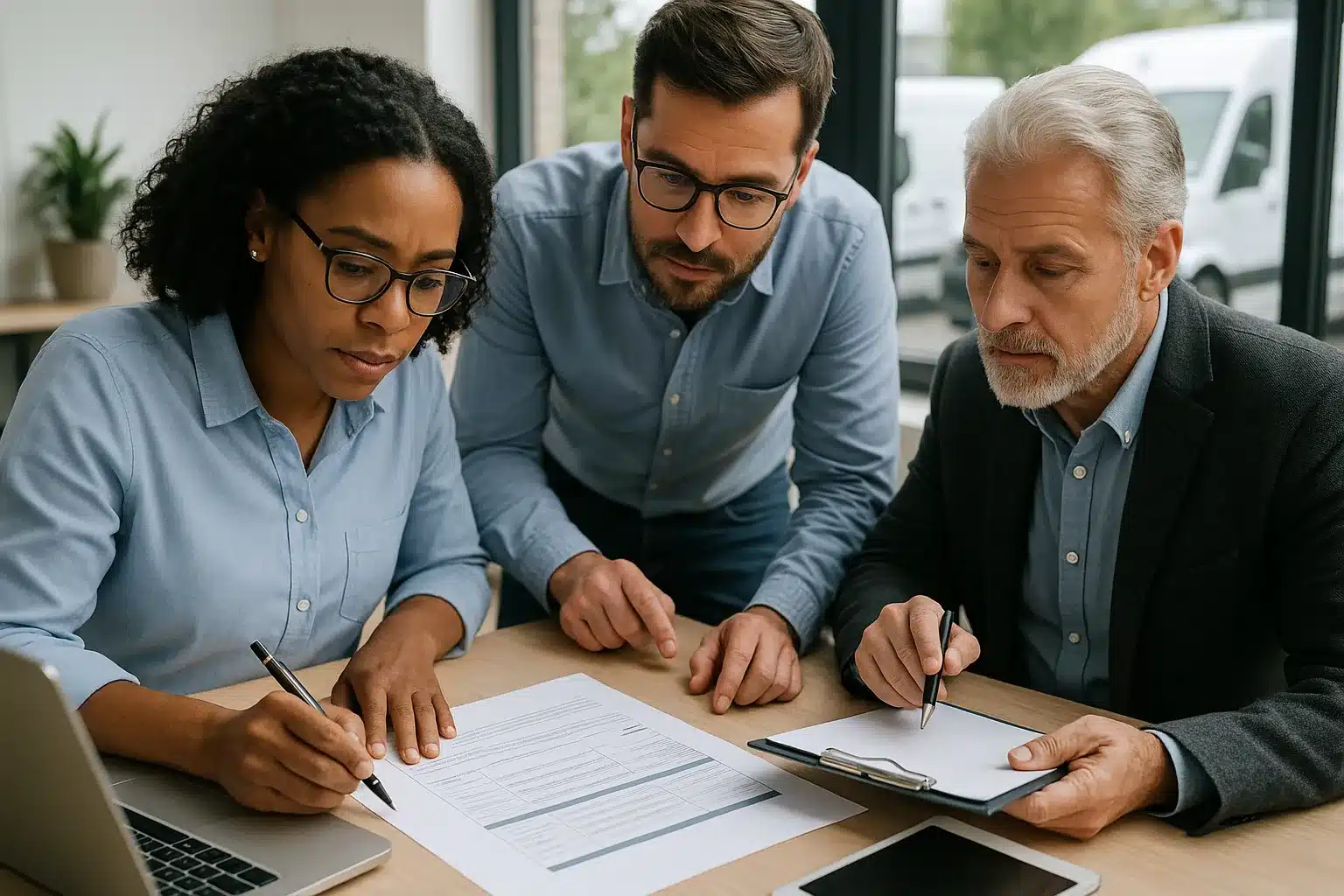 Trois professionnels dans un bureau moderne analysant ensemble des documents, illustrant le processus de rédaction d’un cahier des charges pour une flotte d’entreprise.