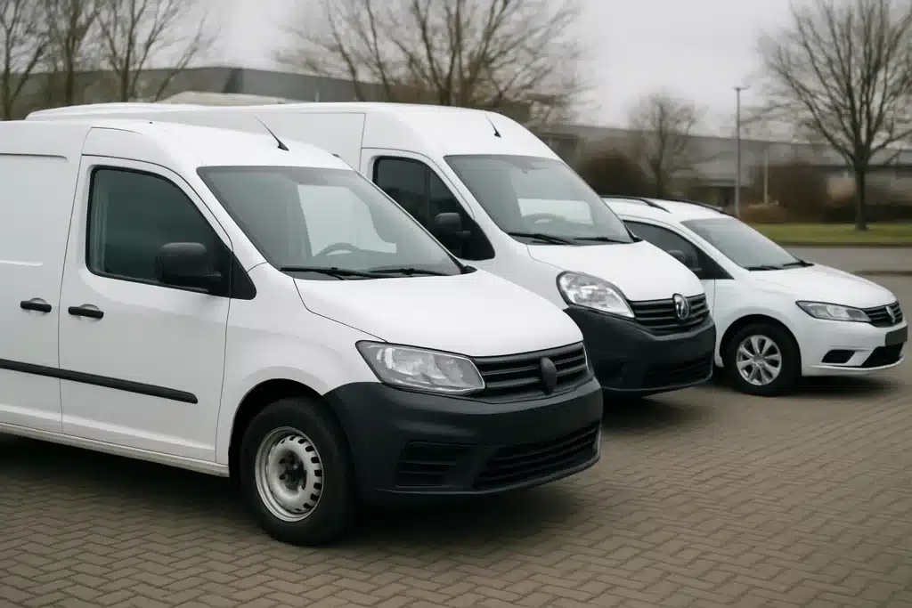 Alignement de véhicules de service blancs sans marquage sur un parking, évoquant une flotte professionnelle.