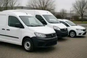 Alignement de véhicules de service blancs sans marquage sur un parking, évoquant une flotte professionnelle.