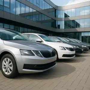 Flotte de véhicules d’entreprise garée devant un immeuble de bureaux moderne, illustrant les solutions de financement de flotte automobile.
