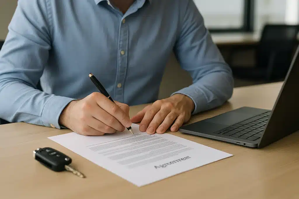 Employé signant une charte automobile dans un cadre professionnel avec des clés de véhicule sur la table et un ordinateur portable à côté