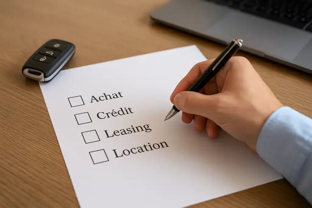 Chef d’entreprise analysant les options de financement d’une voiture de société avec des documents financiers, un ordinateur portable et des clés de véhicule sur la table