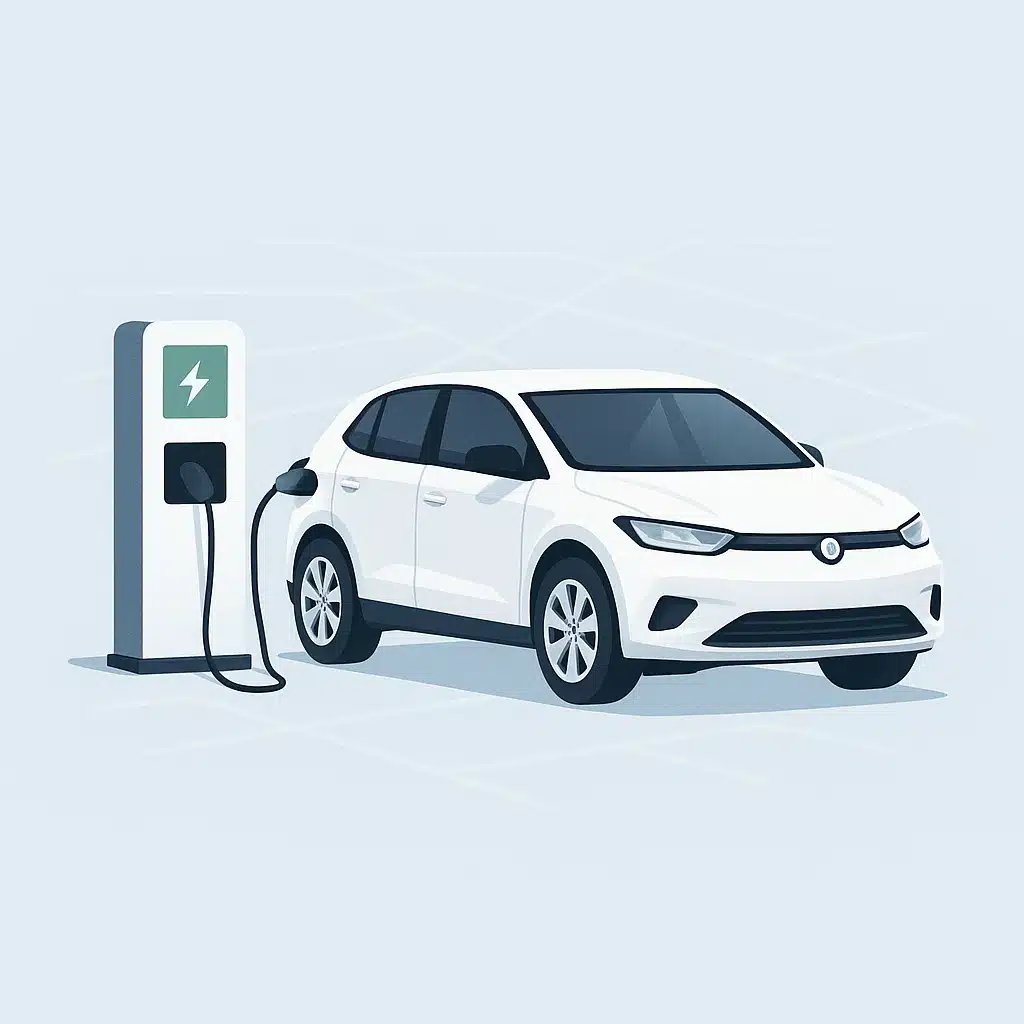 Illustration d’un véhicule électrique blanc branché à une borne de recharge sur un fond bleu clair minimaliste, représentant la transition énergétique et la modernisation des flottes automobiles d’entreprise.