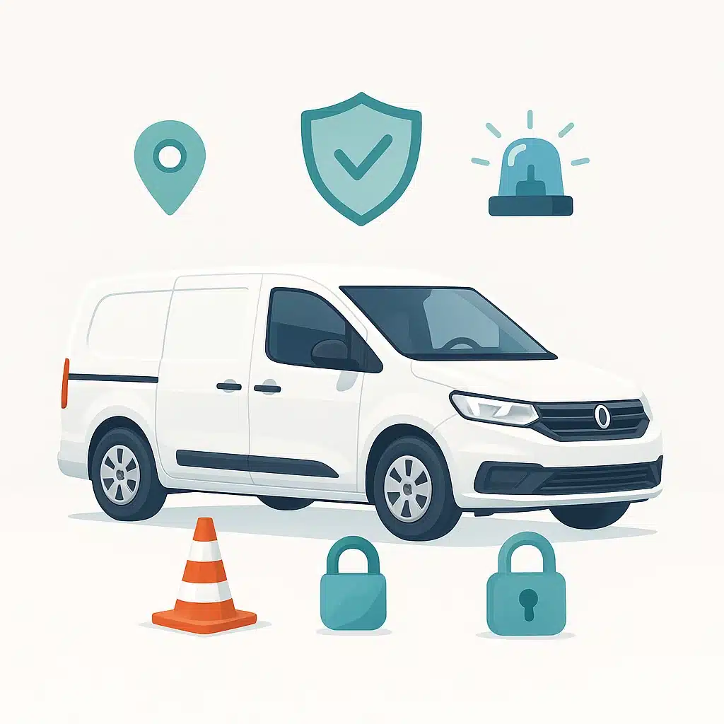 Illustration claire et épurée d’un véhicule utilitaire blanc entouré d’éléments de sécurité : cône orange, cadenas turquoise, gyrophare et icônes symbolisant la géolocalisation et la protection, sur fond blanc minimaliste.