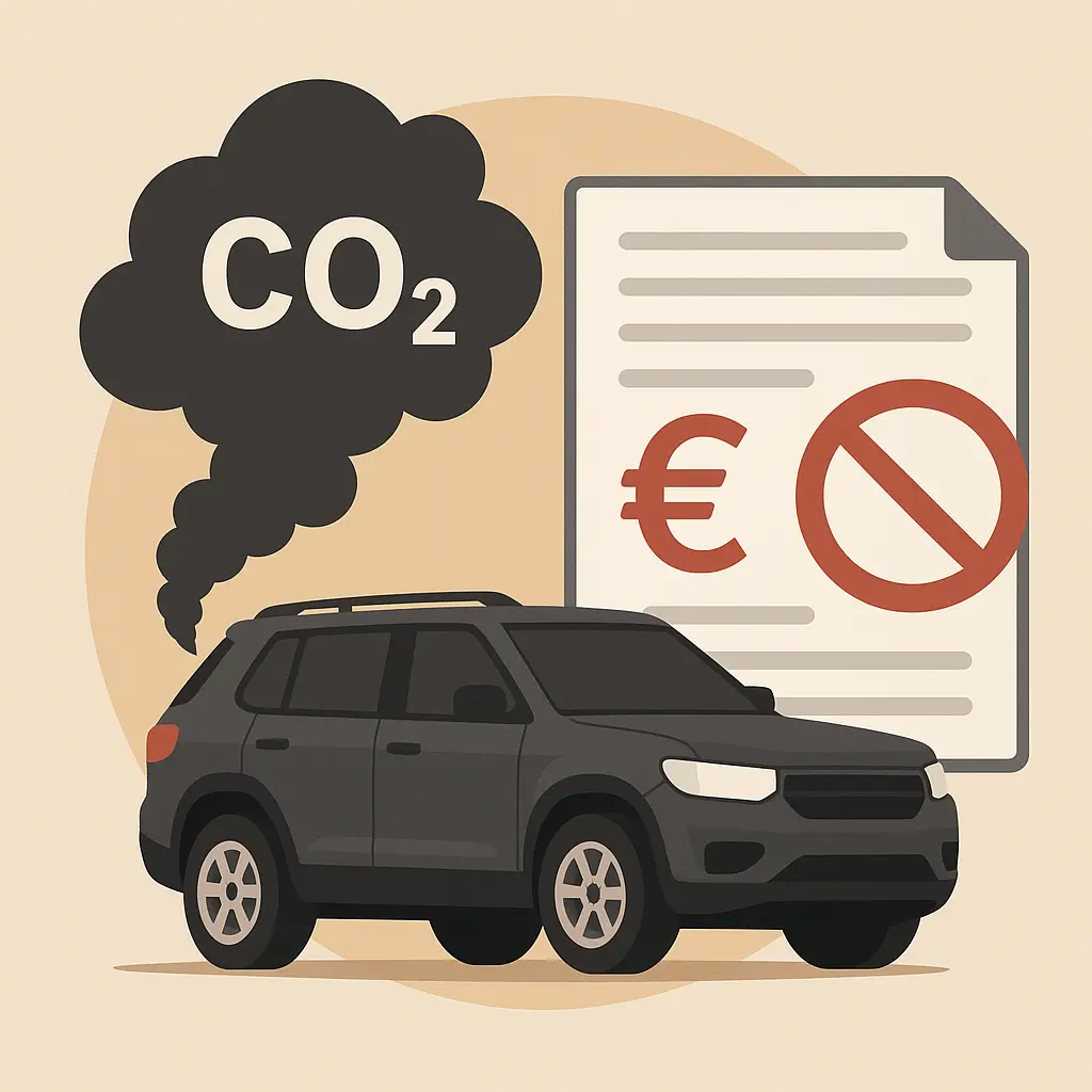 Illustration d’un SUV sombre émettant un nuage de fumée en forme de CO₂, avec en arrière-plan un document officiel affichant un symbole euro barré, représentant le malus écologique.