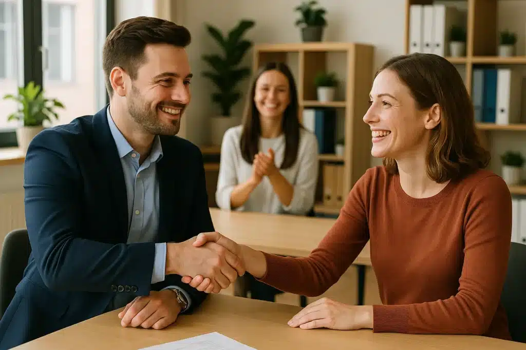 Deux collaborateurs souriants se serrant la main dans un bureau moderne, illustrant la fidélisation et l’engagement des salariés.