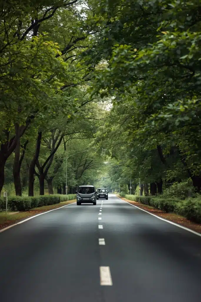Route bordée d’arbres verdoyants avec une circulation fluide de véhicules modernes, évoquant une mobilité électrique et une conduite écoresponsable.