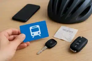 Carte de transport, clés de voiture, reçu et casque de vélo posés sur une table, illustrant les différents modes de déplacement concernés par le remboursement des frais de transport.