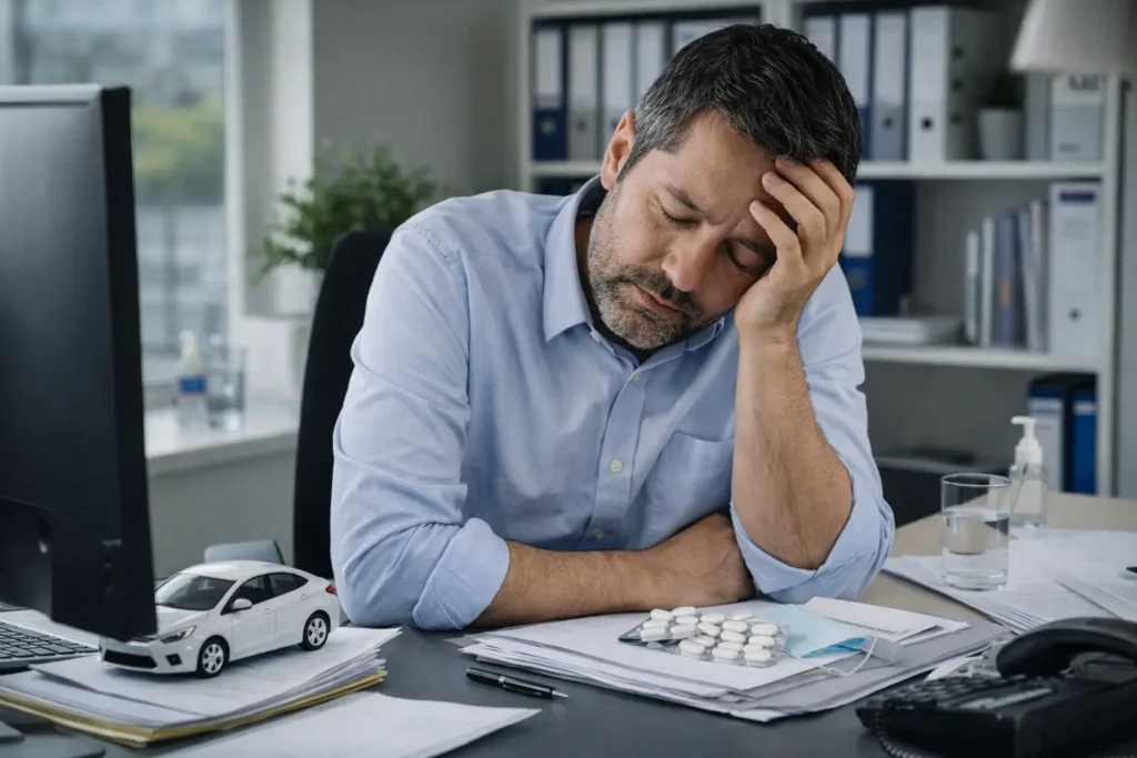 Salarié assis à son bureau avec des documents professionnels, illustrant la question de la voiture de fonction pendant un arrêt maladie