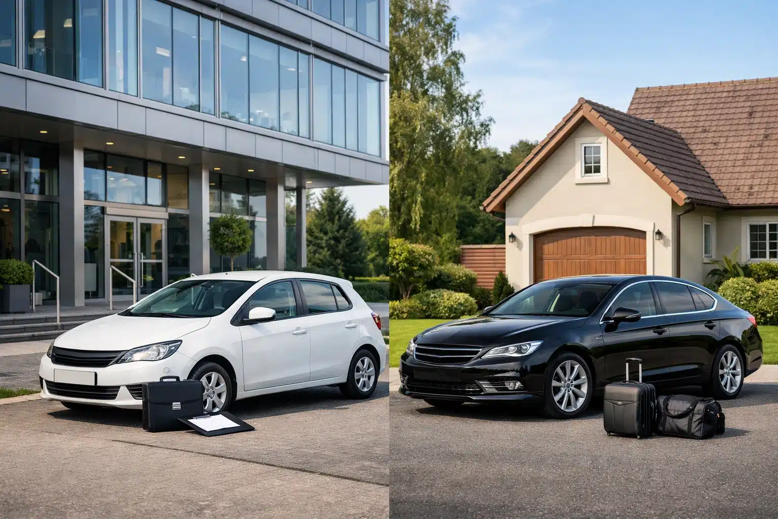 Photo illustrant la différence entre véhicule de service professionnel et véhicule de fonction à usage personnel, avec une voiture devant un immeuble de bureaux et une autre devant une maison.