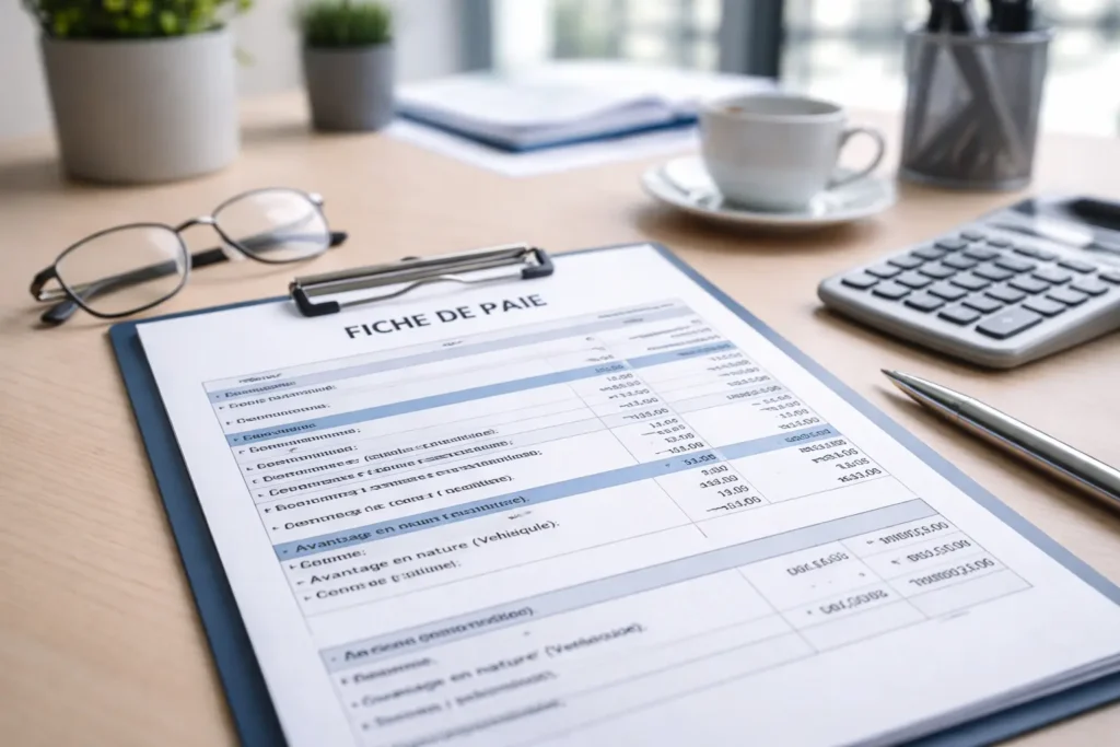 Fiche de paie française posée sur un bureau professionnel, avec calculatrice, lunettes et documents administratifs, illustrant la ligne avantage en nature véhicule dans un contexte de gestion salariale.