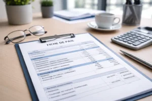 Fiche de paie française posée sur un bureau professionnel, avec calculatrice, lunettes et documents administratifs, illustrant la ligne avantage en nature véhicule dans un contexte de gestion salariale.