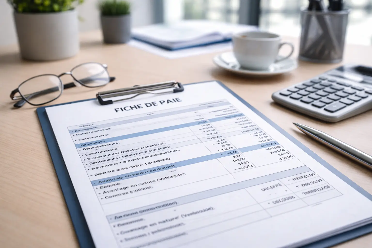 Fiche de paie française posée sur un bureau professionnel, avec calculatrice, lunettes et documents administratifs, illustrant la ligne avantage en nature véhicule dans un contexte de gestion salariale.