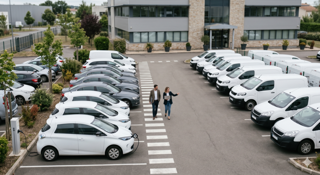Vue aérienne d'une flotte d'entreprise mixte dans un parking, avec des véhicules électriques en recharge, des camionnettes et deux employés discutant.